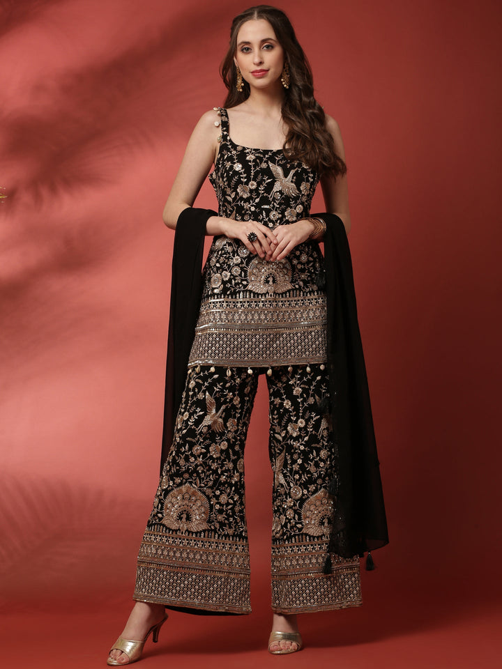 Neerus Black georgette embroidered suit set - detail view 2