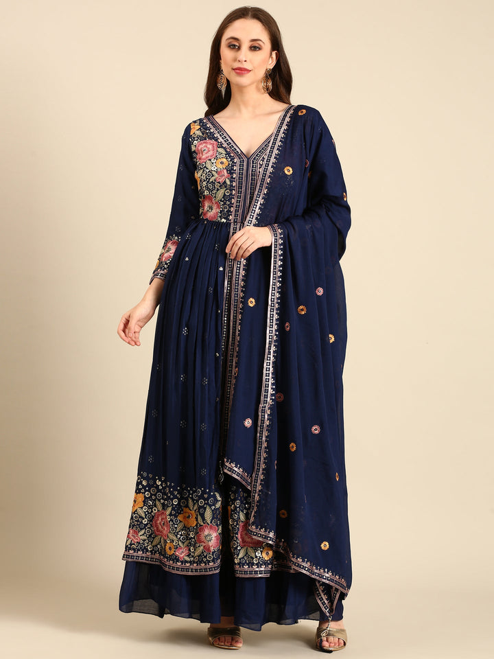 Neerus Blue chinon embroidered suit set with palazzo - front view