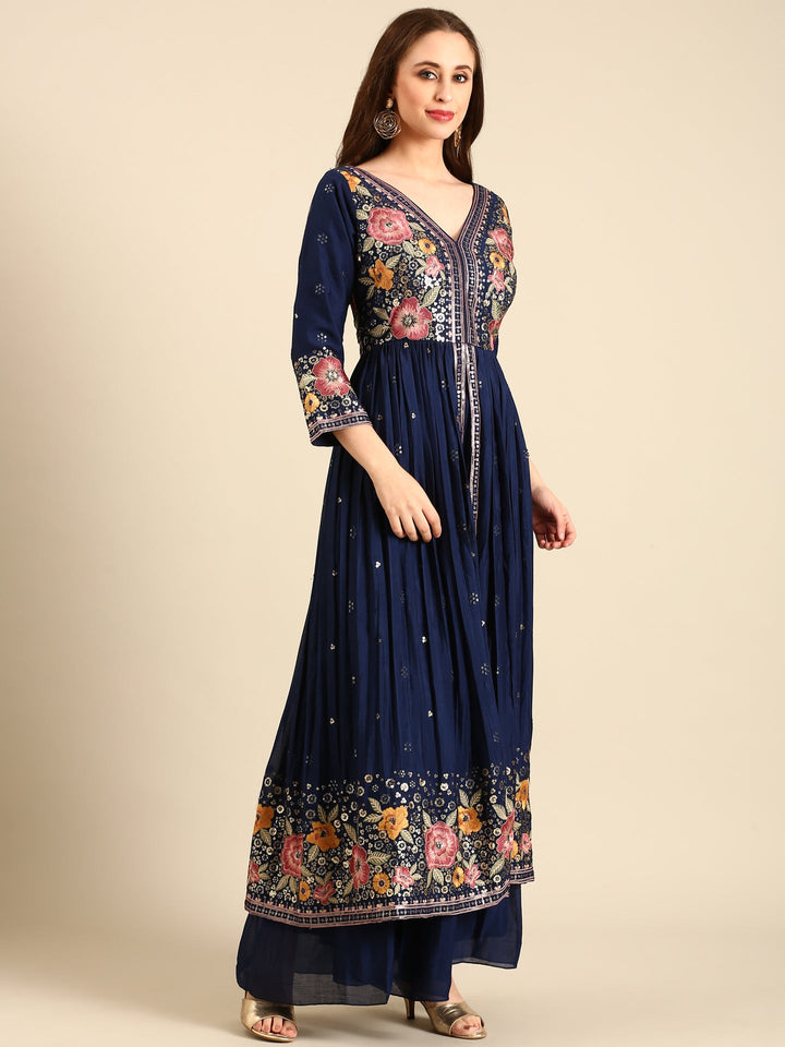 Neerus Blue chinon embroidered suit set with palazzo - back view