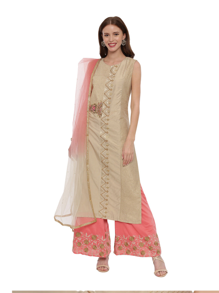 Neerus Beige Chanderi printed suit set - front view