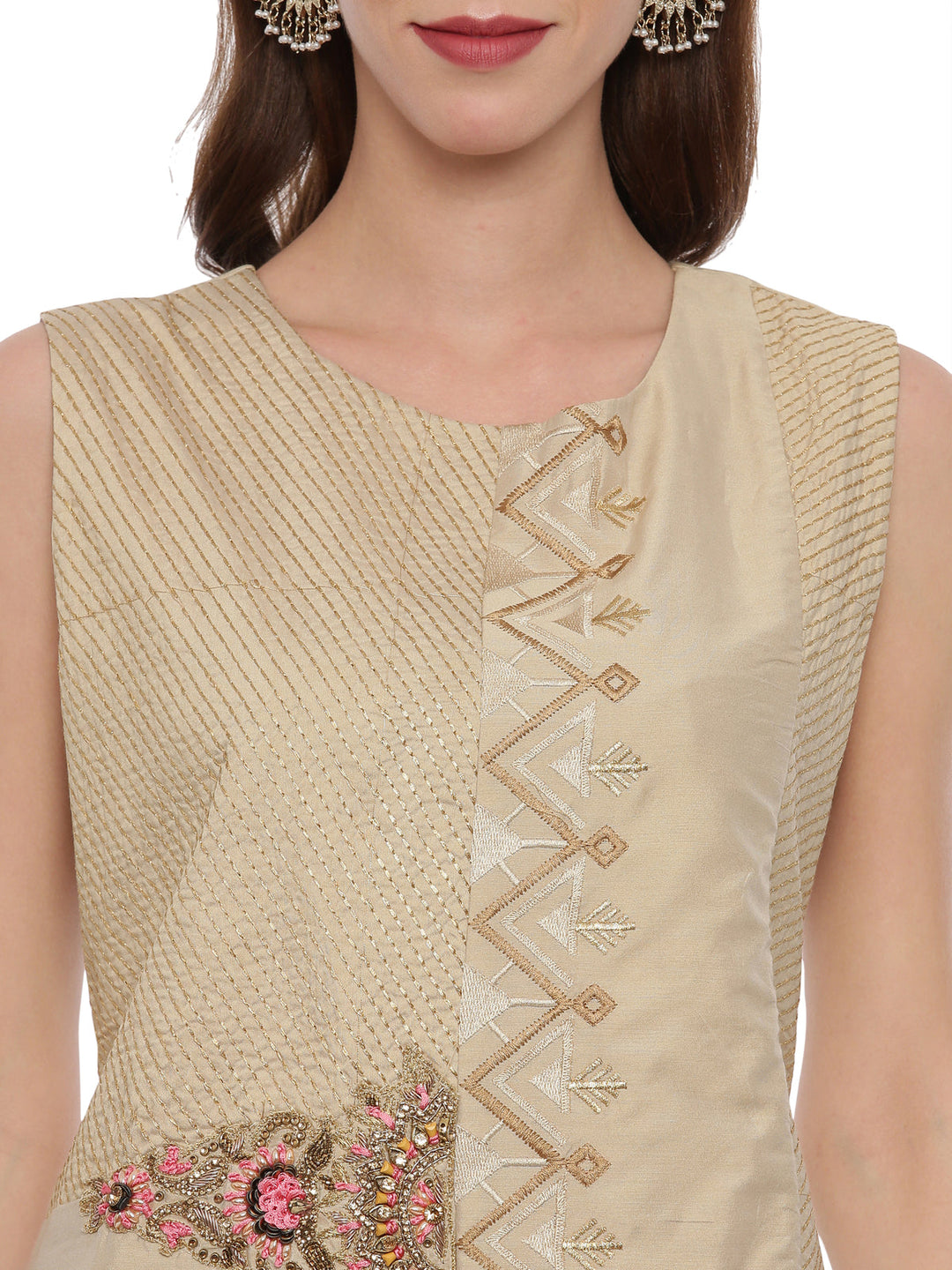 Neerus Beige Chanderi printed suit set - back view