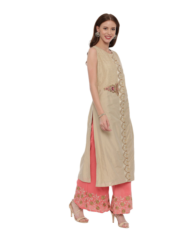Neerus Beige Chanderi printed suit set - side view