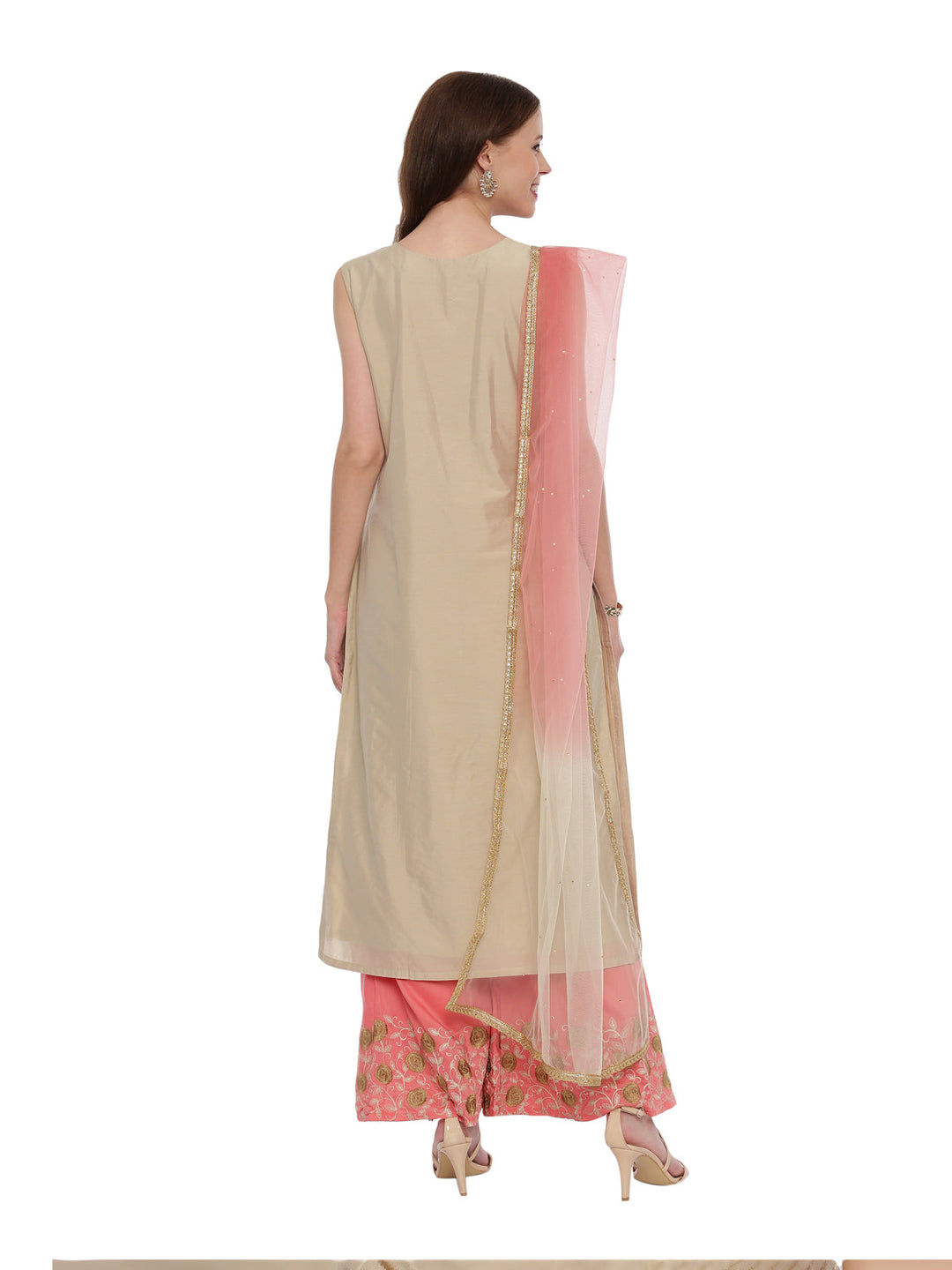 Neerus Beige Chanderi printed suit set - detail view 1