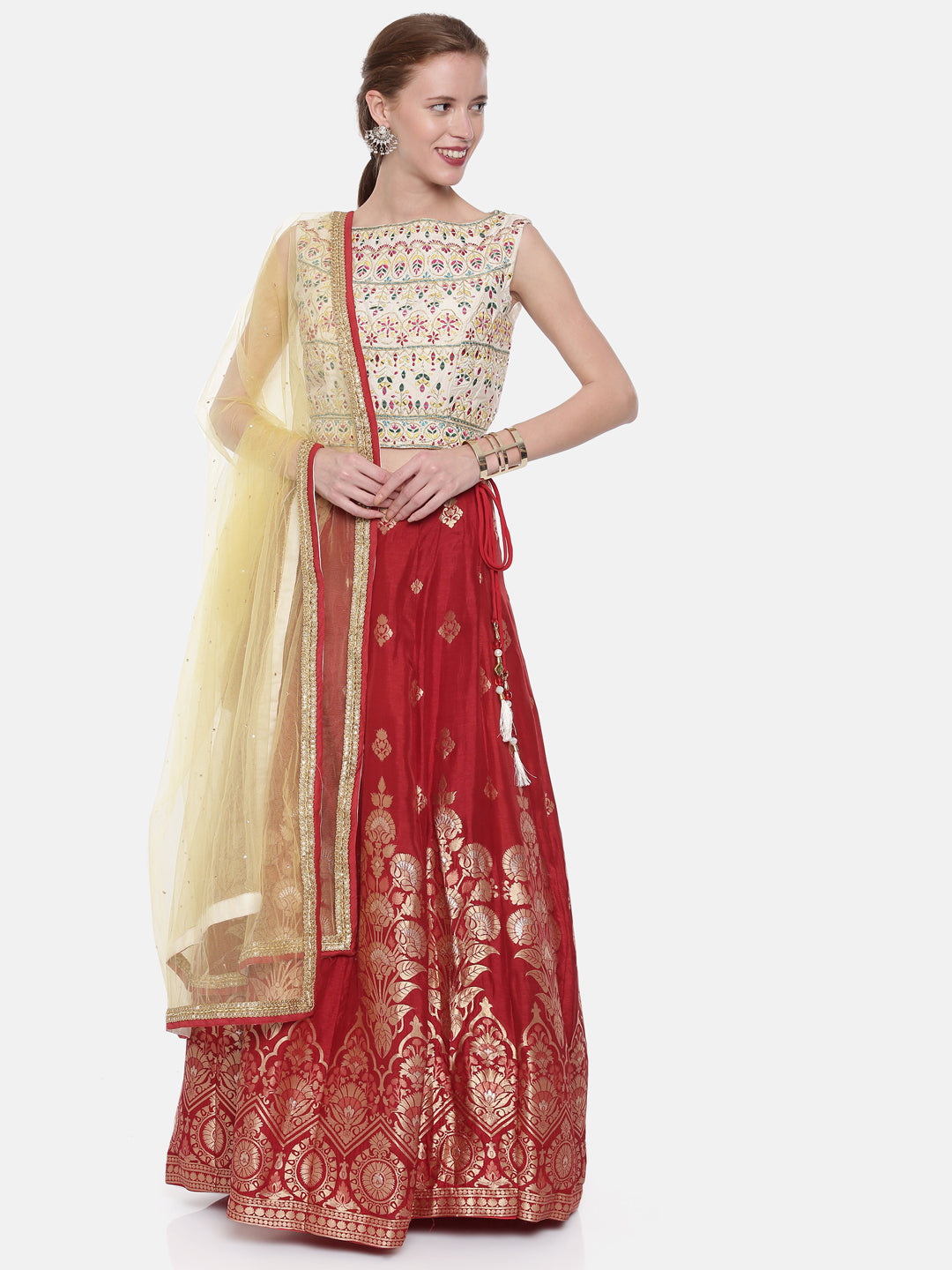 Neerus Beige Banarasi embroidered lehenga set - front view