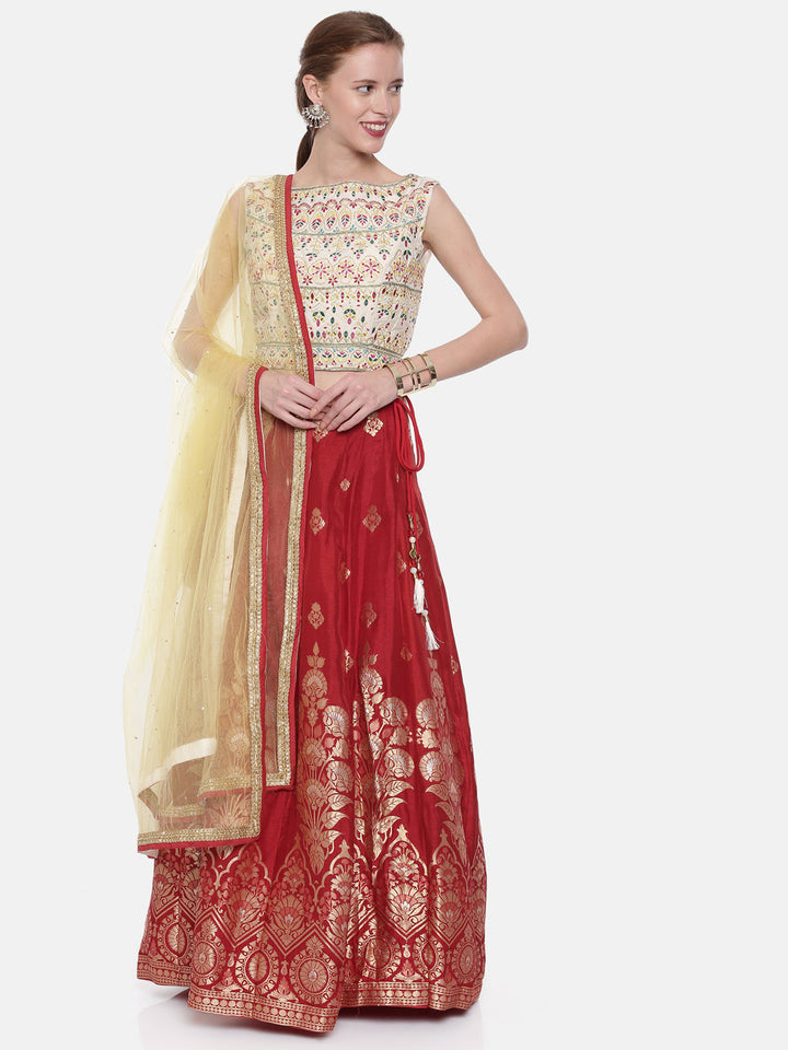 Neerus Beige Banarasi embroidered lehenga set - front view
