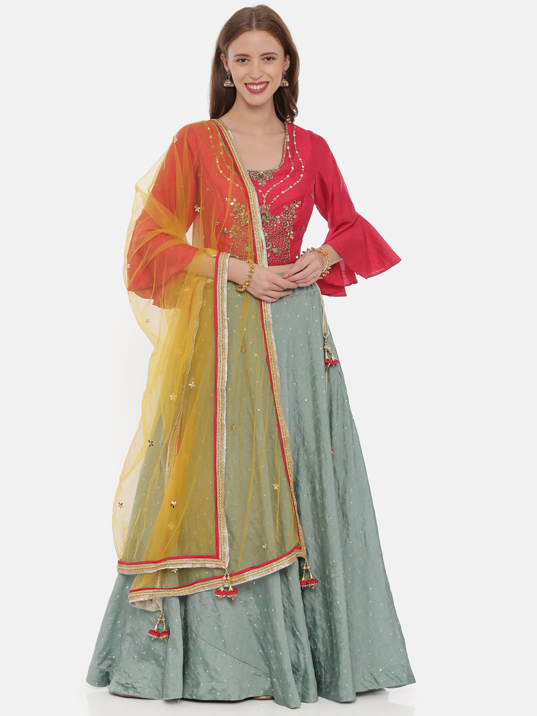 Neerus Multi raw silk embellished lehenga set - front view