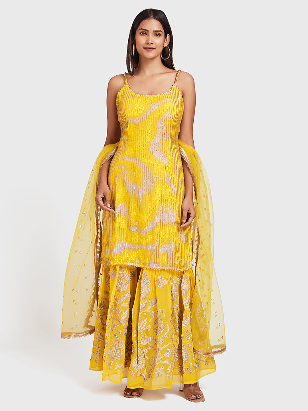 Neerus Yellow Georgette Embroidered Sharara Set - front view