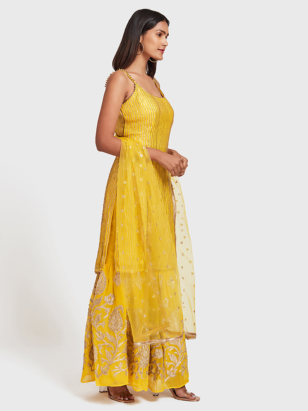 Neerus Yellow Georgette Embroidered Sharara Set - back view