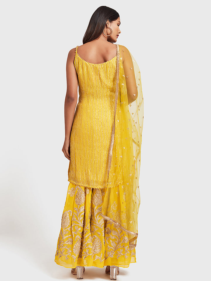 Neerus Yellow Georgette Embroidered Sharara Set - side view