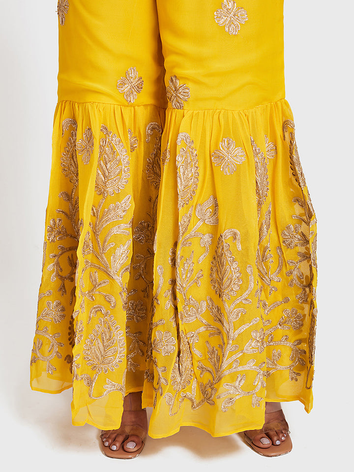 Neerus Yellow Georgette Embroidered Sharara Set - detail view 2