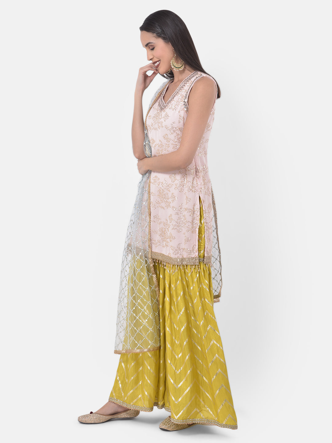 Neerus Multi embellished sharara set kurta dupatta - back view