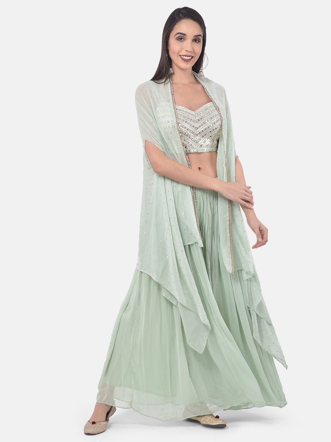 Neerus Green georgette embroidered suit set - front view