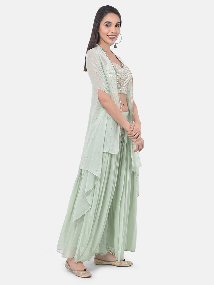 Neerus Green georgette embroidered suit set - back view