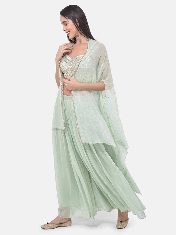Neerus Green georgette embroidered suit set - side view