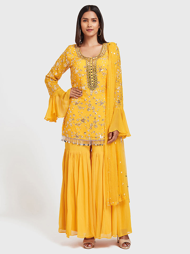 Neerus Yellow georgette embroidered sharara set - front view