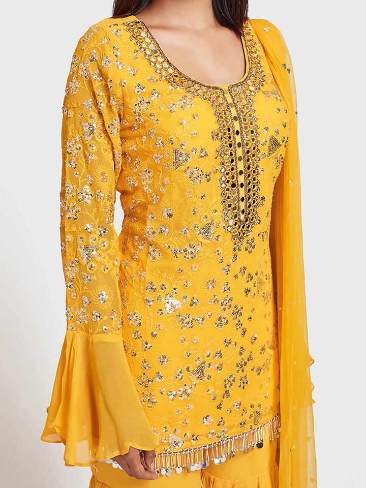 Neerus Yellow georgette embroidered sharara set - side view