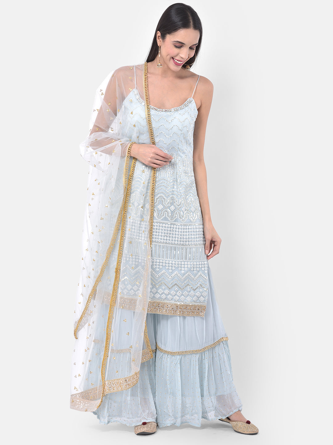 Neerus Grey georgette embroidered sharara set - detail view 5