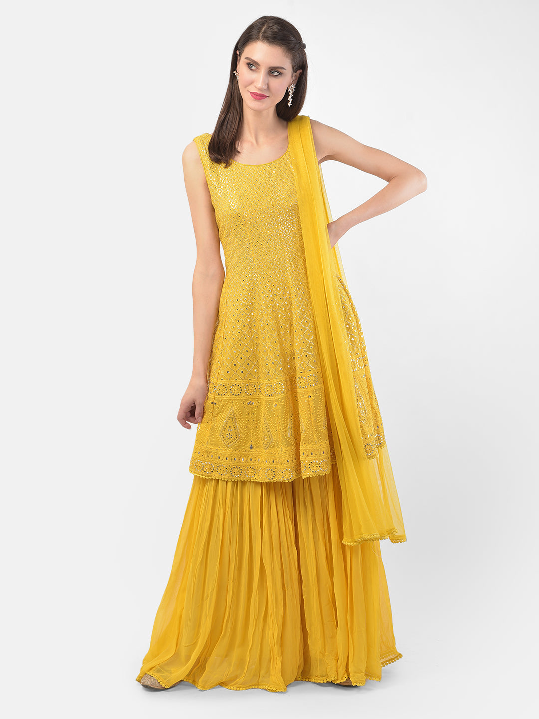 Neerus Yellow Georgette Embroidered Sharara Set - detail view 5