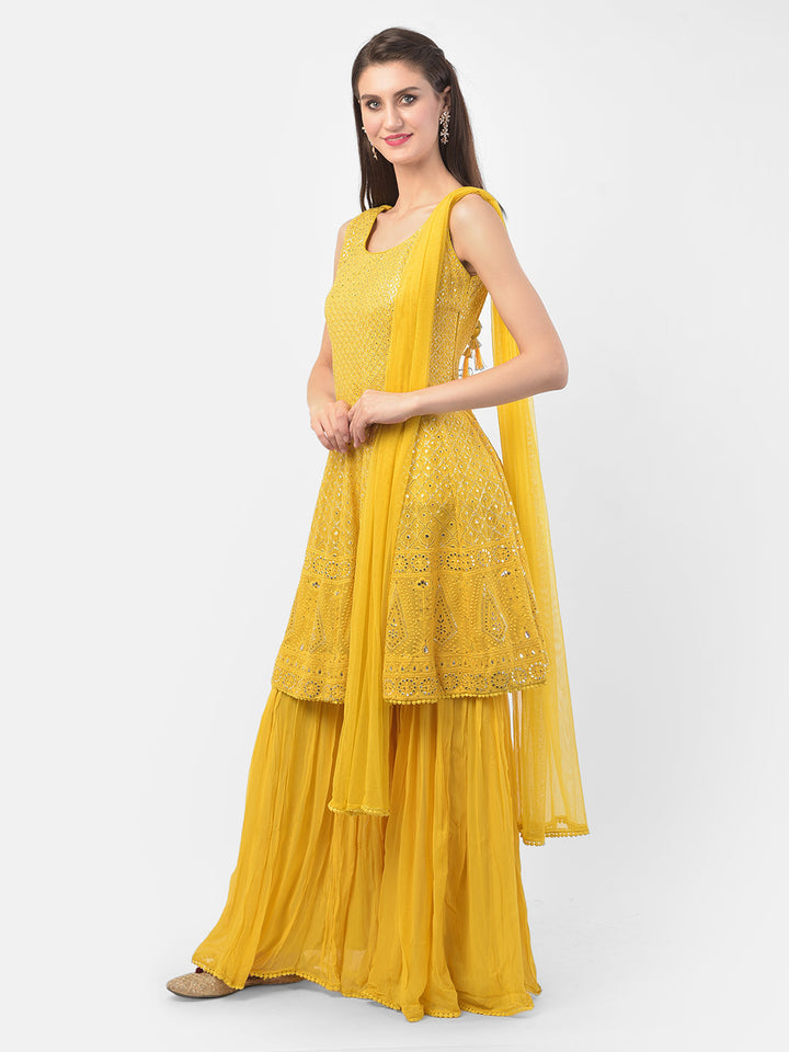 Neerus Yellow Georgette Embroidered Sharara Set - front view