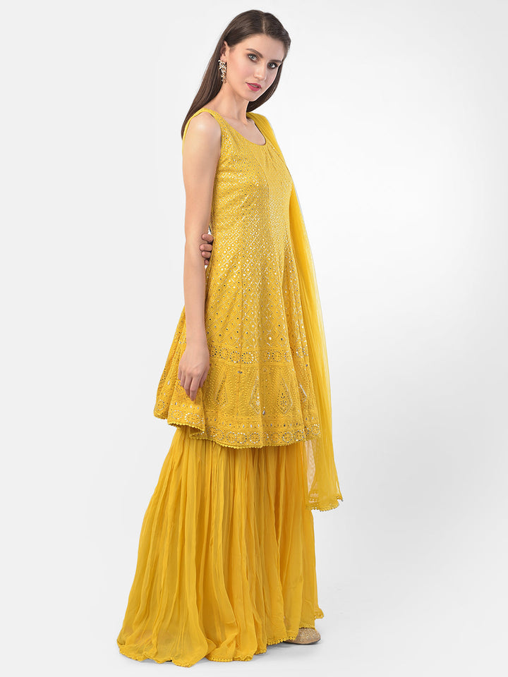 Neerus Yellow Georgette Embroidered Sharara Set - back view