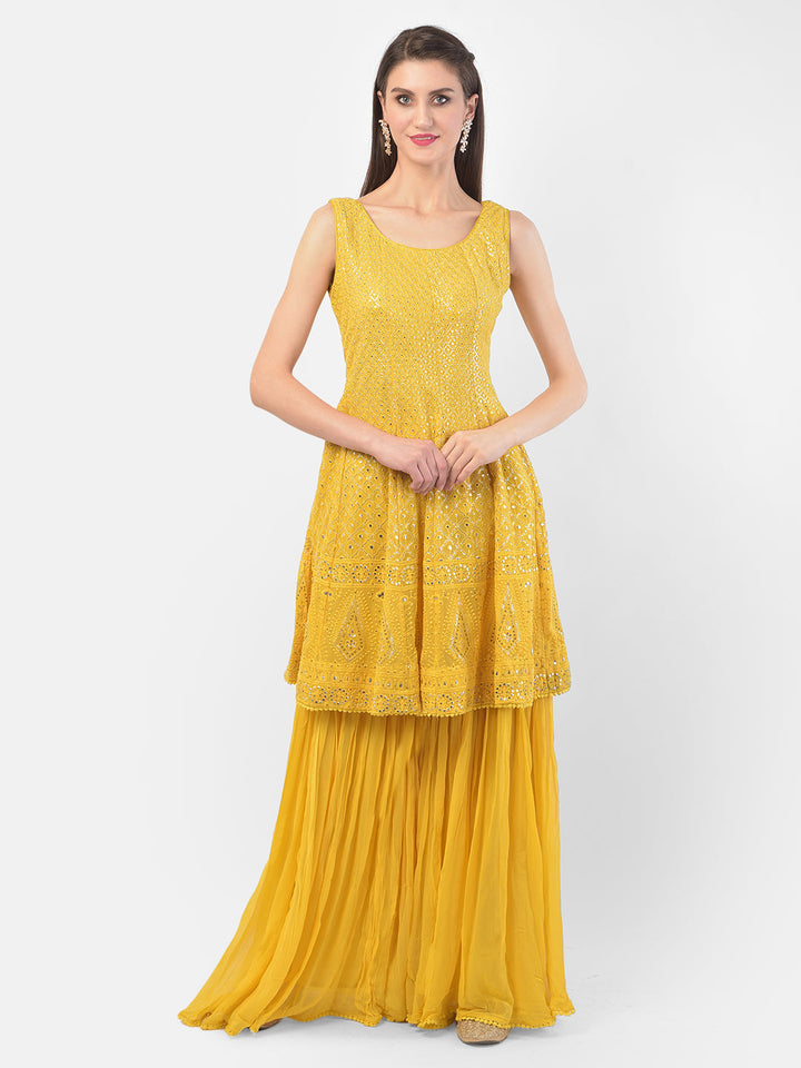 Neerus Yellow Georgette Embroidered Sharara Set - detail view 4