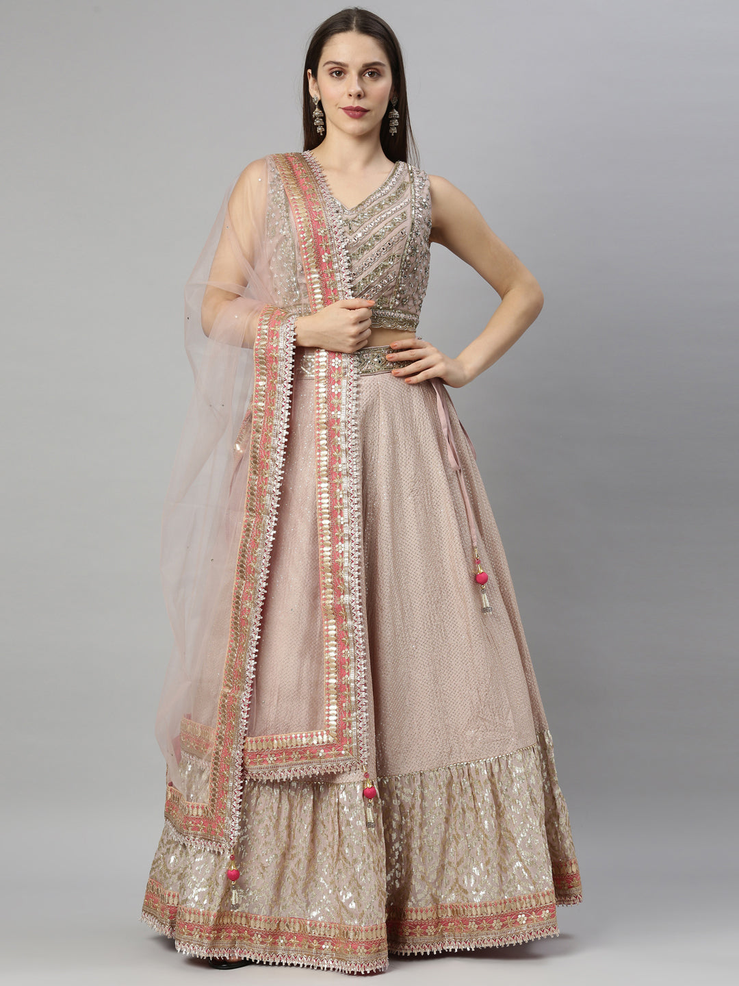 Neerus Pink silk embellished lehenga set - front view