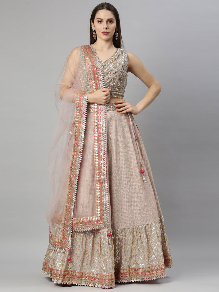 Neerus Pink silk embellished lehenga set - front view