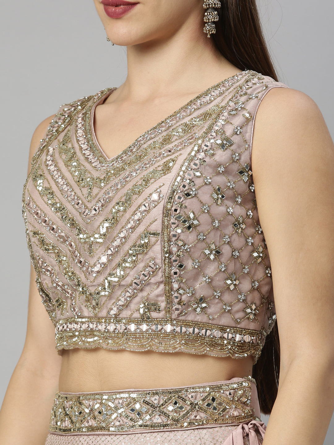 Neerus Pink silk embellished lehenga set - back view