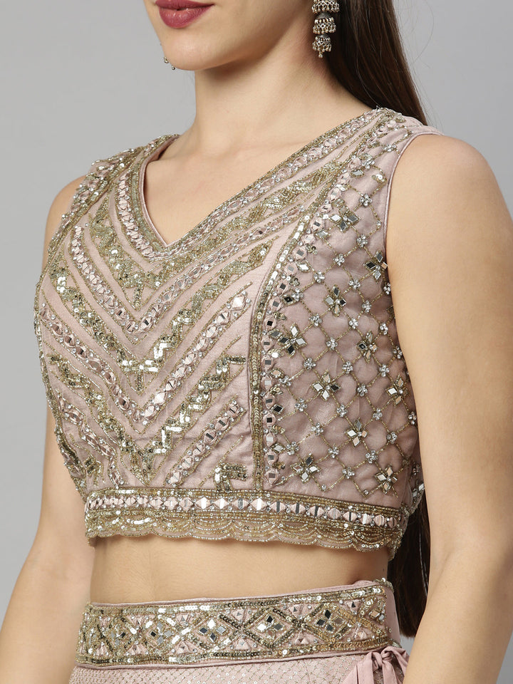 Neerus Pink silk embellished lehenga set - back view