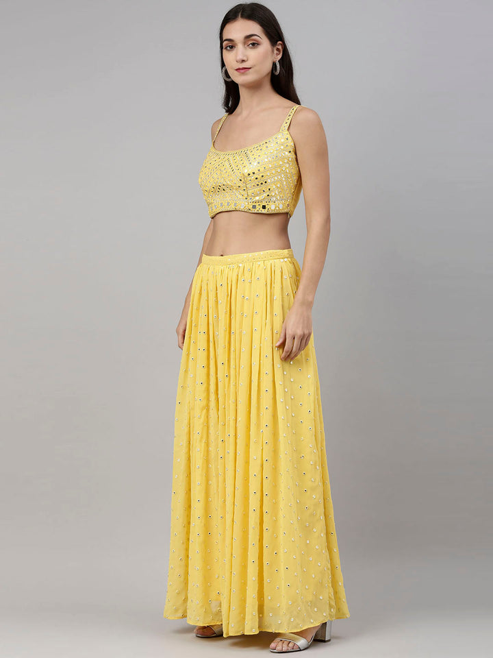 Neerus Yellow georgette printed co-ord set - back view