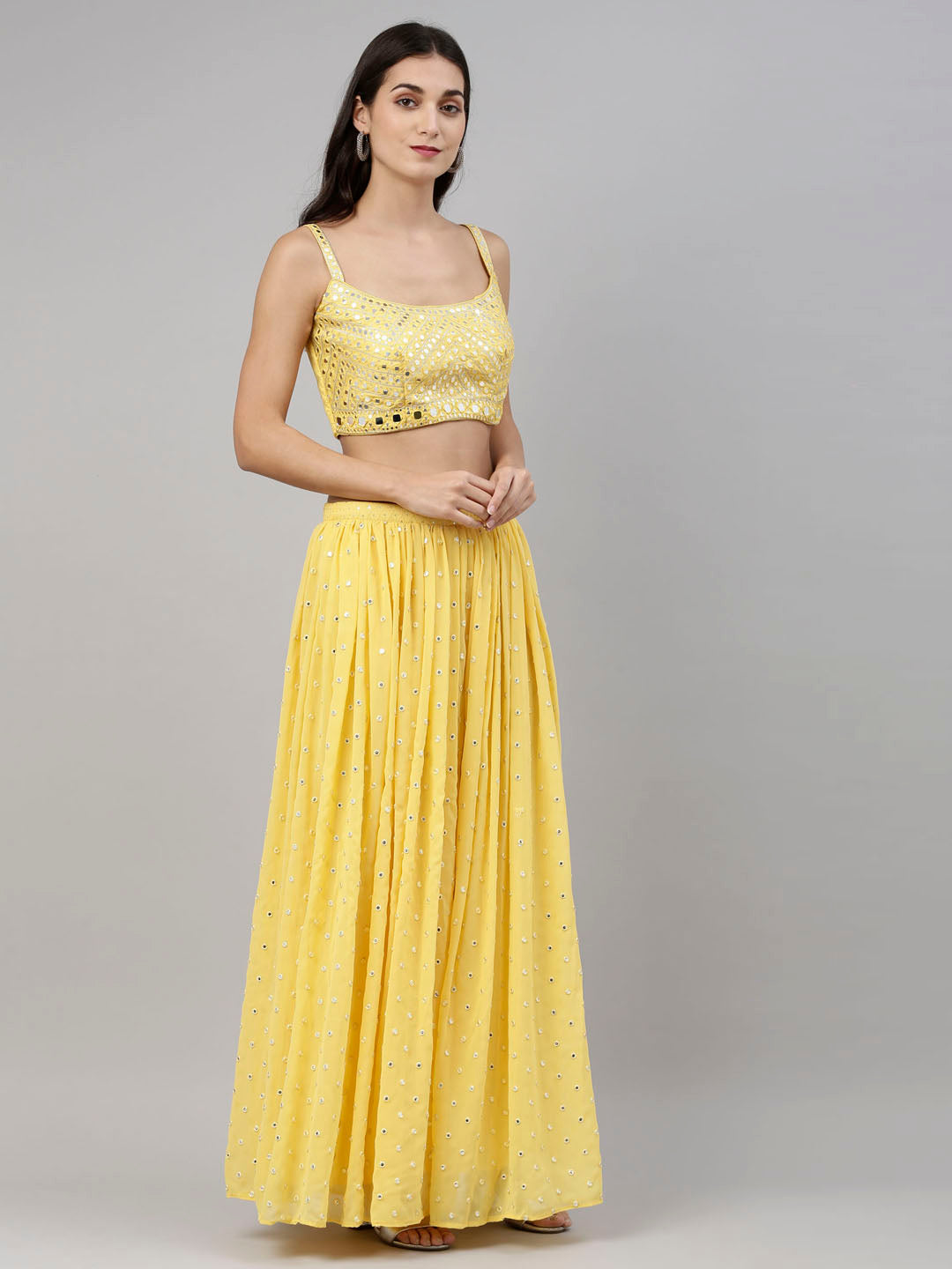 Neerus Yellow georgette printed co-ord set - side view