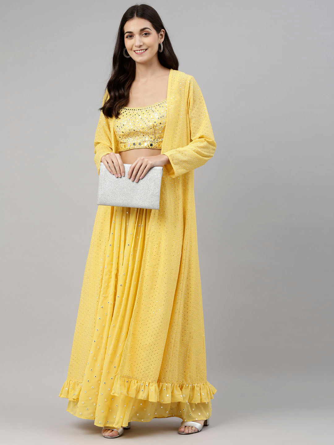 Neerus Yellow georgette printed co-ord set - front view