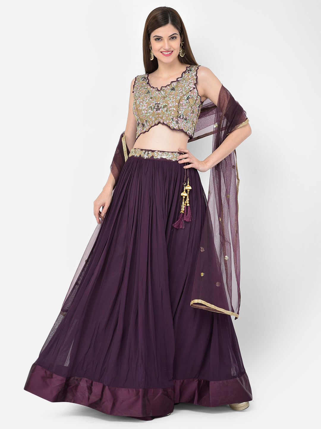 Neerus Maroon georgette embellished lehenga set - detail view 6