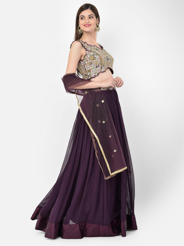 Neerus Maroon georgette embellished lehenga set - back view