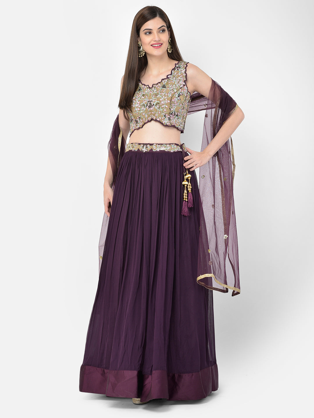 Neerus Maroon georgette embellished lehenga set - detail view 3