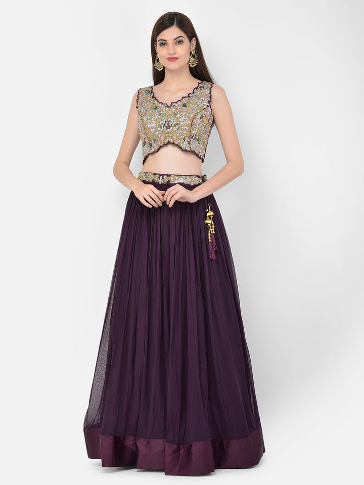 Neerus Maroon georgette embellished lehenga set - detail view 4