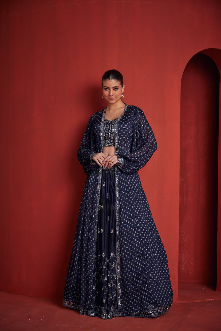Neerus Blue Crepe Fusion Suit Set - front view