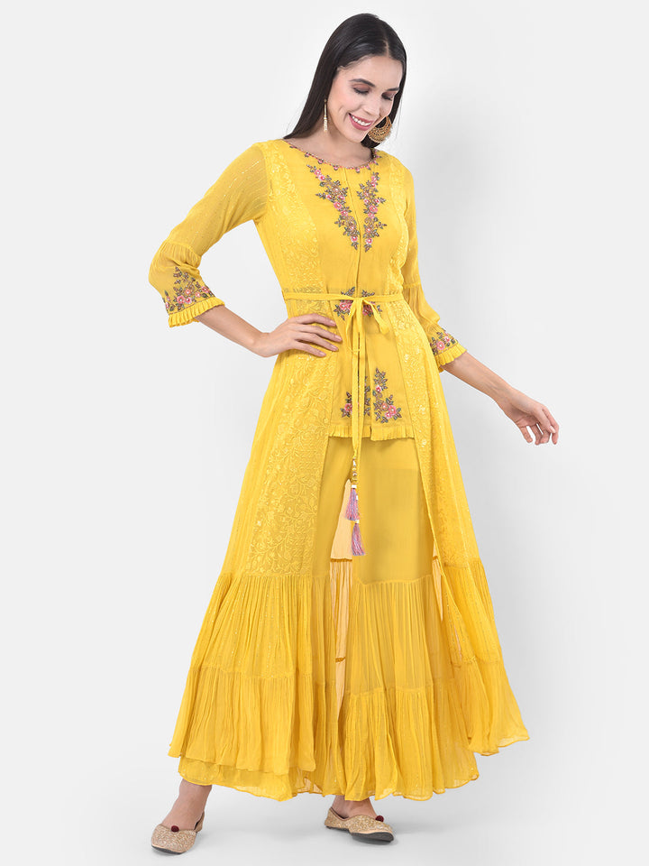 Neerus Yellow embroidered sharara set with jacket - front view