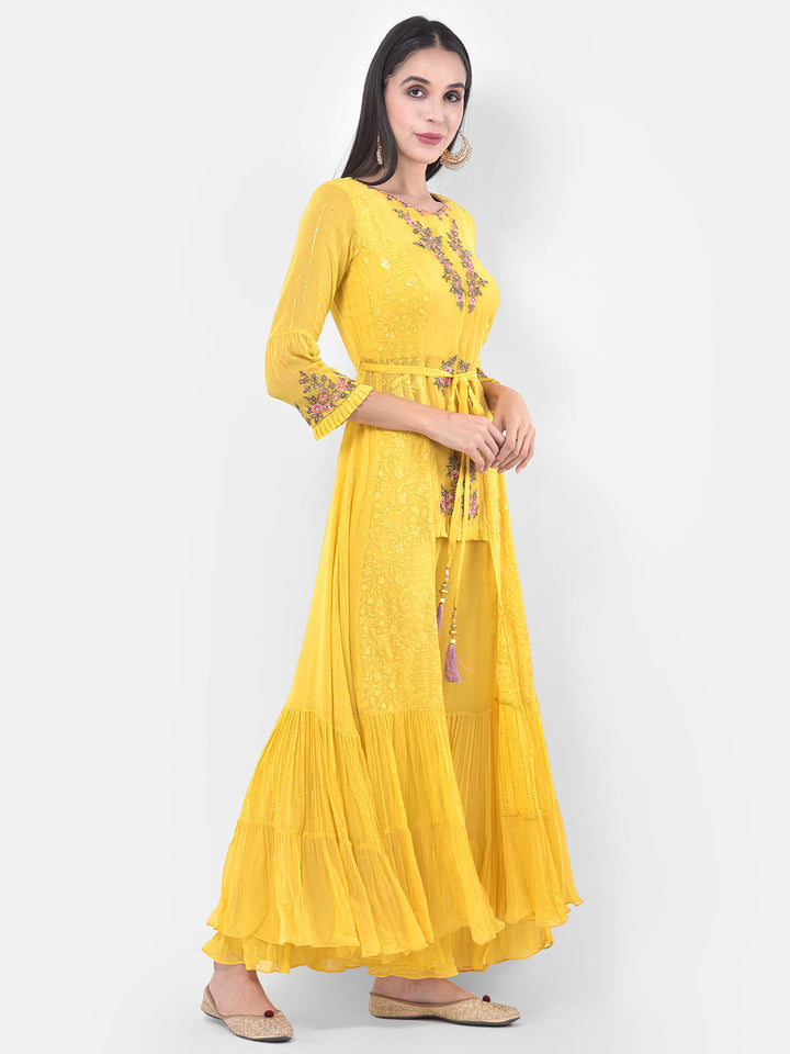 Neerus Yellow embroidered sharara set with jacket - back view