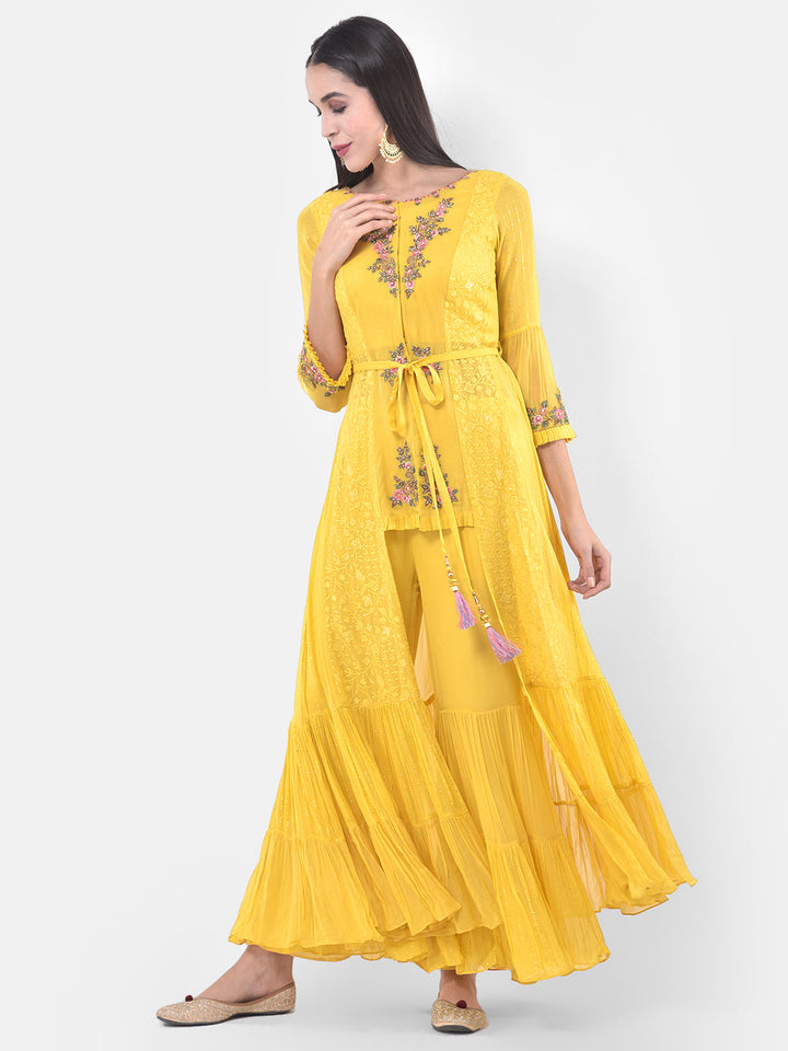 Neerus Yellow embroidered sharara set with jacket - side view