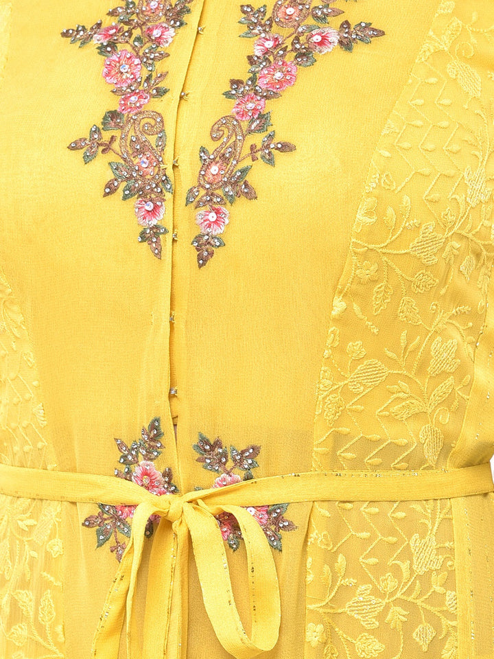 Neerus Yellow embroidered sharara set with jacket - detail view 1
