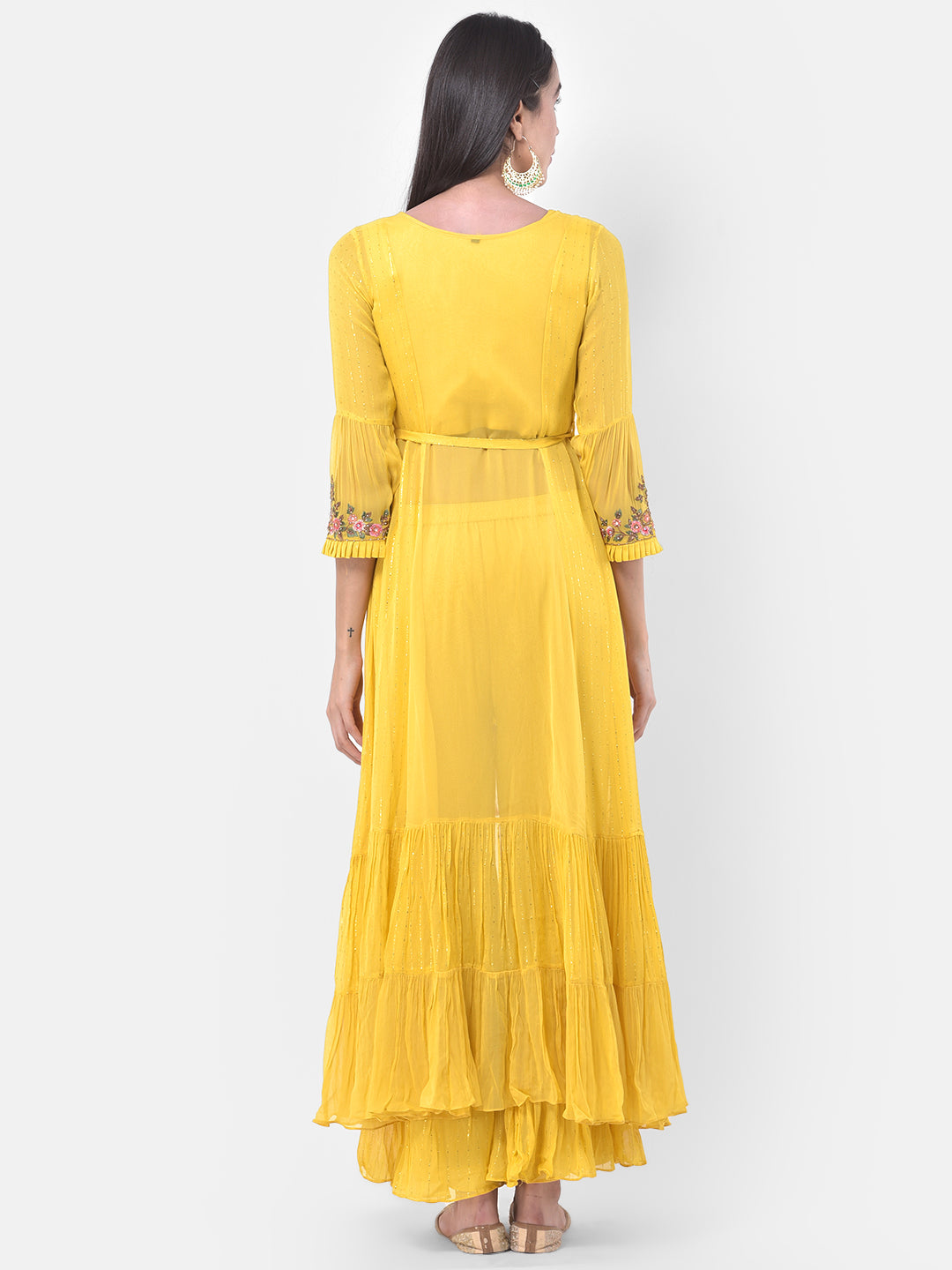 Neerus Yellow embroidered sharara set with jacket - detail view 2
