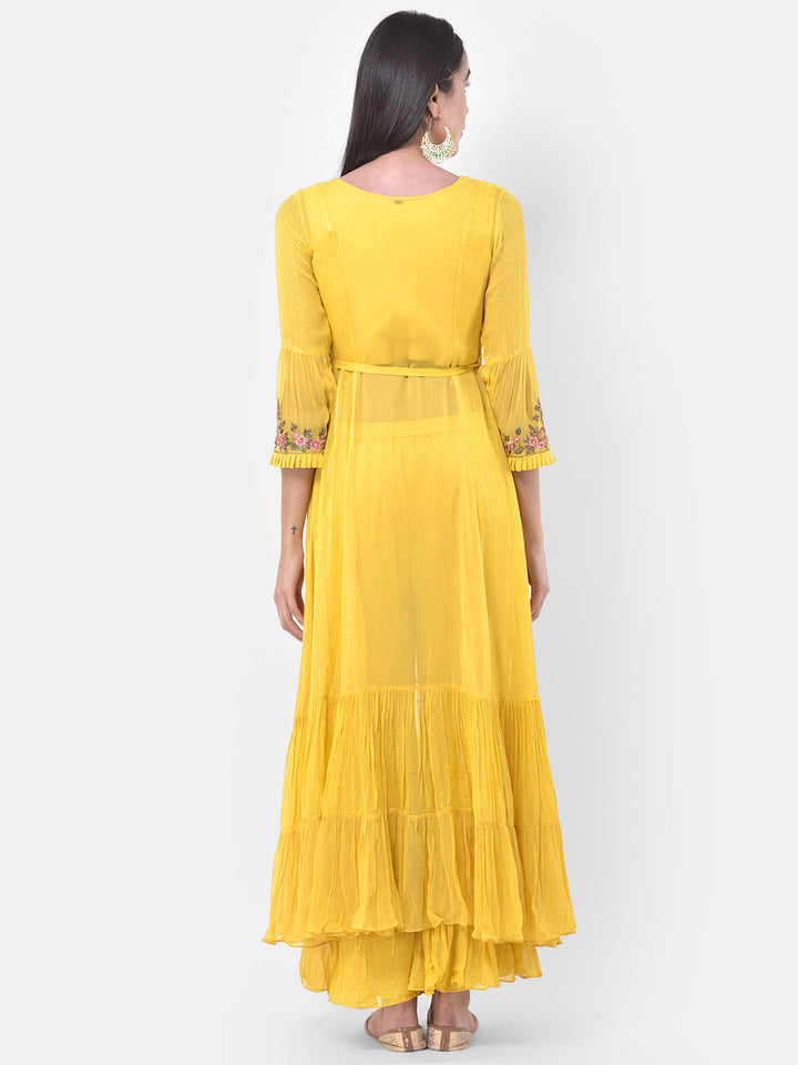 Neerus Yellow embroidered sharara set with jacket - detail view 2