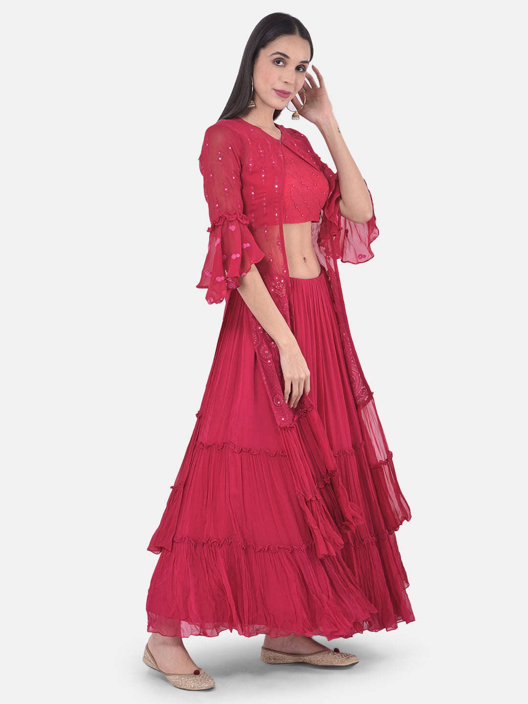 Neerus Pink georgette embroidered suit set - front view