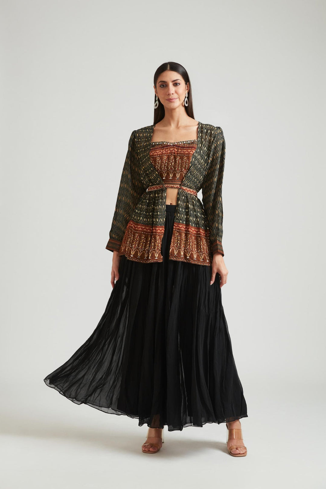 Neerus Black Silk Embroidered Kurta Set - front view