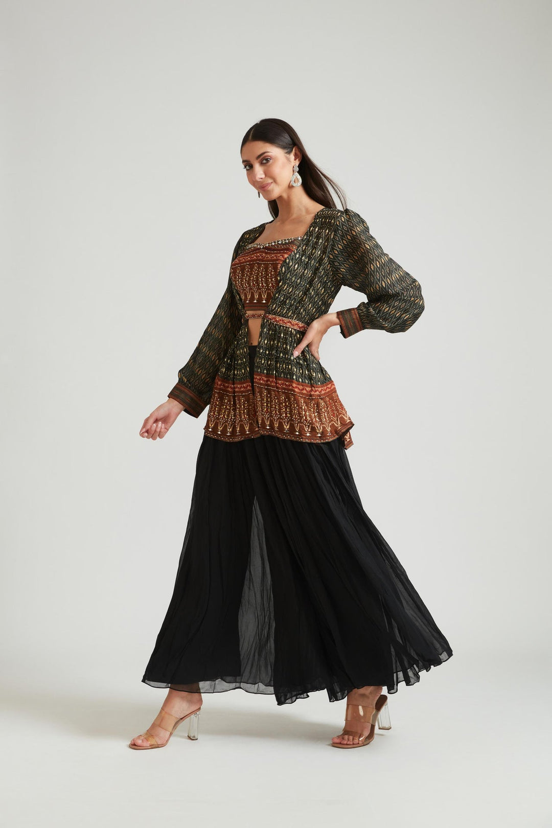 Neerus Black Silk Embroidered Kurta Set - back view