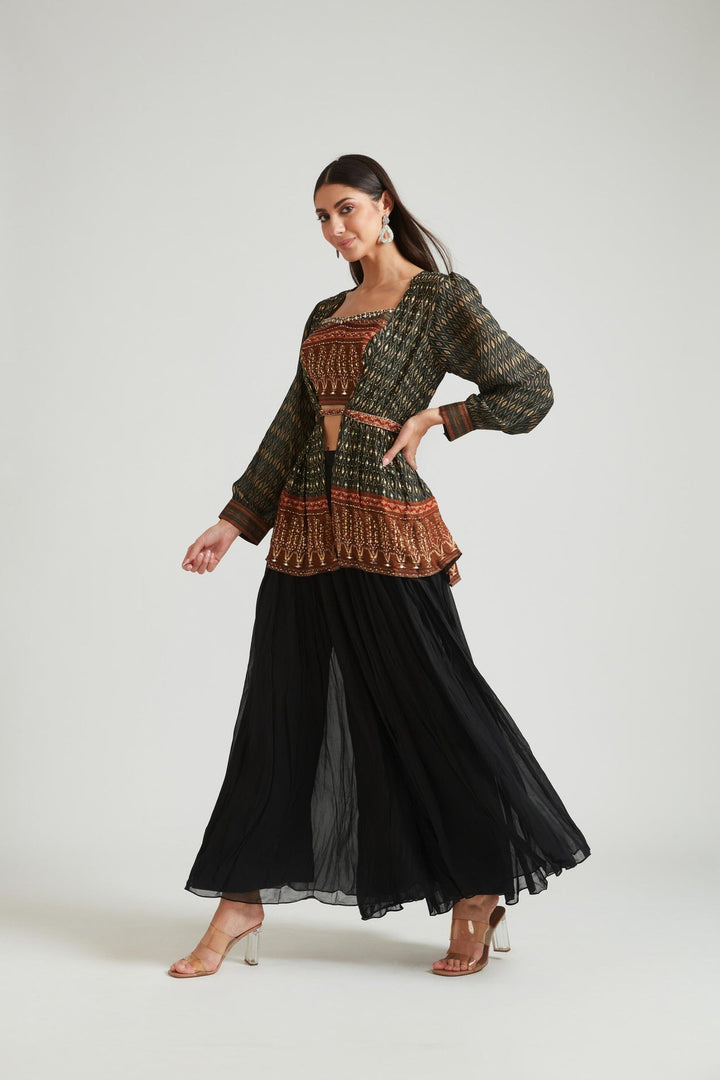 Neerus Black Silk Embroidered Kurta Set - back view