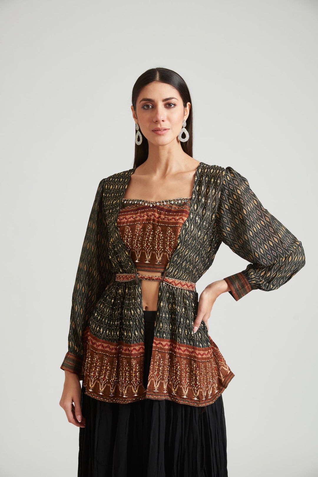 Neerus Black Silk Embroidered Kurta Set - detail view 5