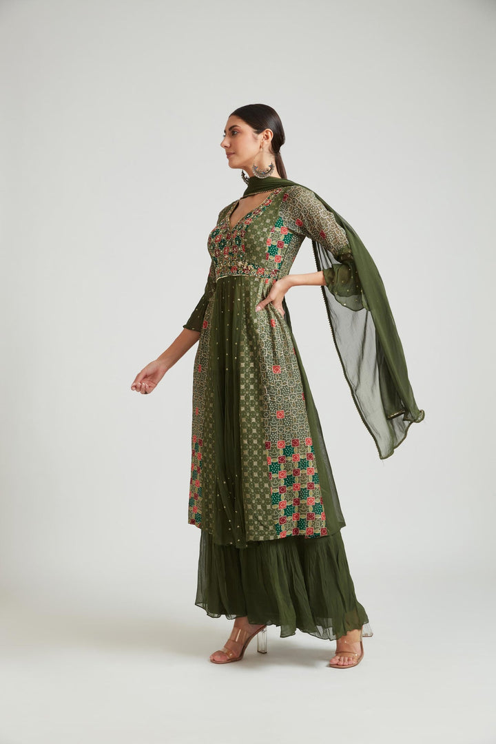 Neerus Green georgette embroidered suit set - front view