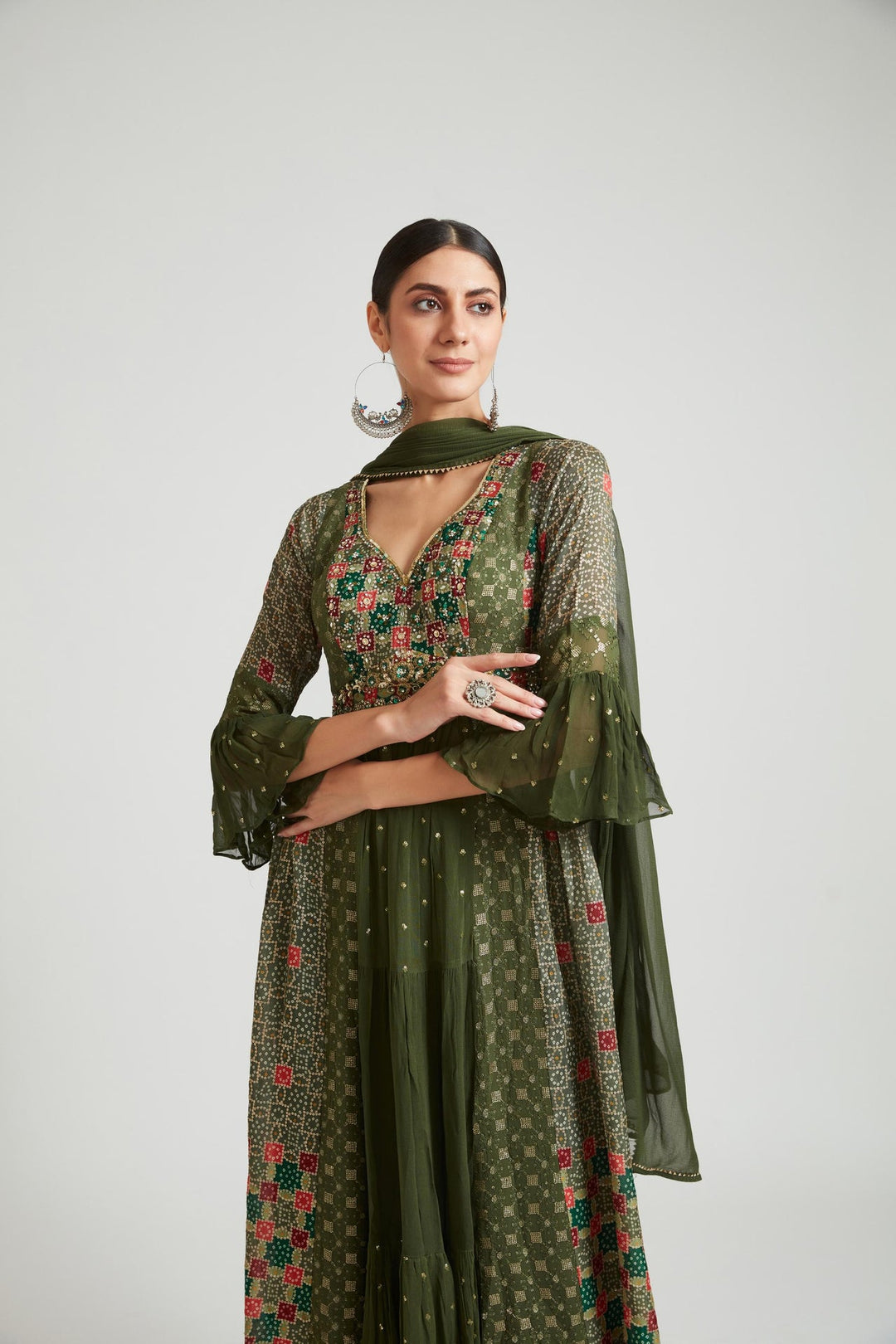 Neerus Green georgette embroidered suit set - back view